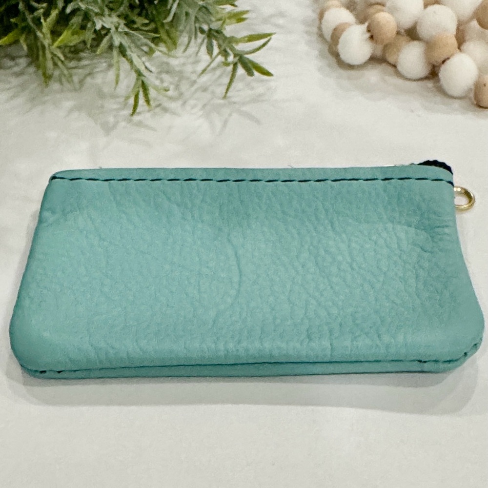Teal Leather Coin Purse Pouch Wallet with Zipper Credit Card Holder